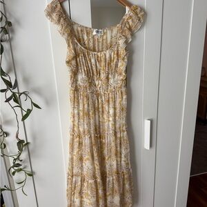 Floral Ruffle Maxi Dress in Cream and Mustard